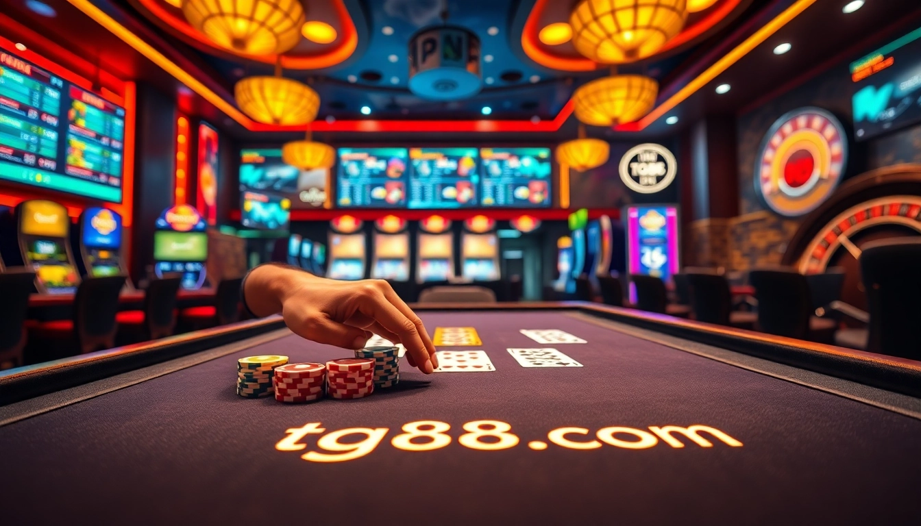 Gambler placing bets at a tg88.com blackjack table with colorful poker chips and cards in action