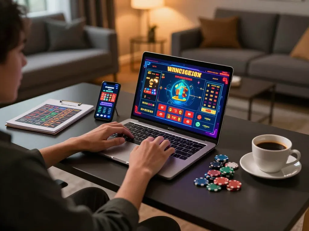 Engaging in online casino games at xx88.day with a laptop and strategic notes