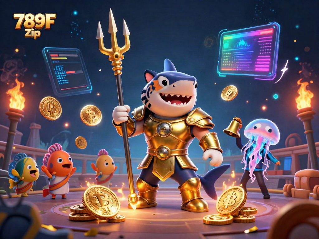 Watch the exciting 789F Zip casino scene featuring a tiger shark in armor amidst glowing cryptocurrency elements.