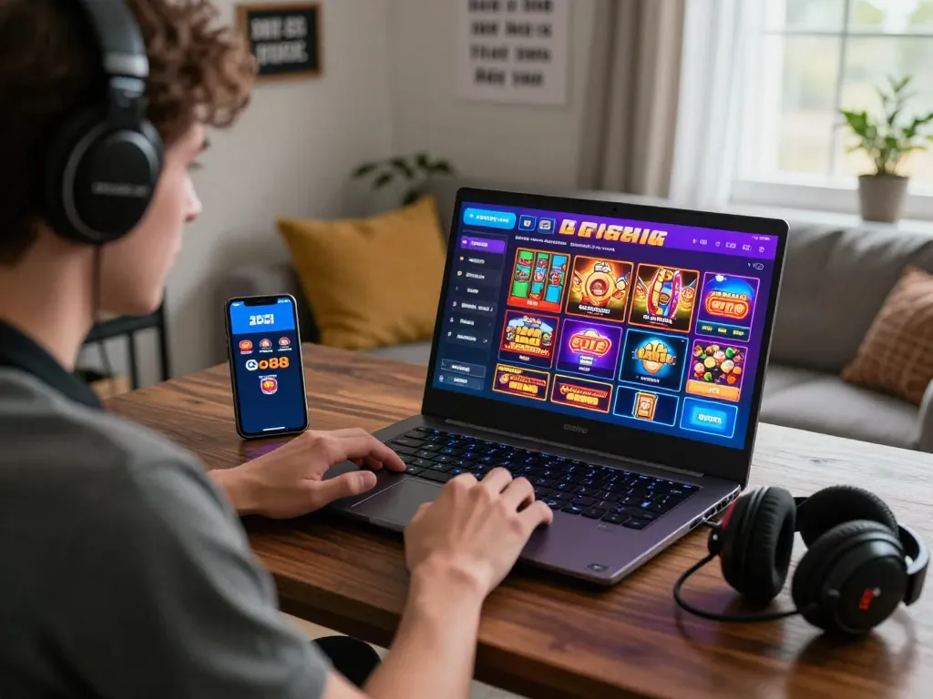 Player enjoying diverse games on go-88.us.com in a vibrant online gaming setup with colorful lights and modern tech.