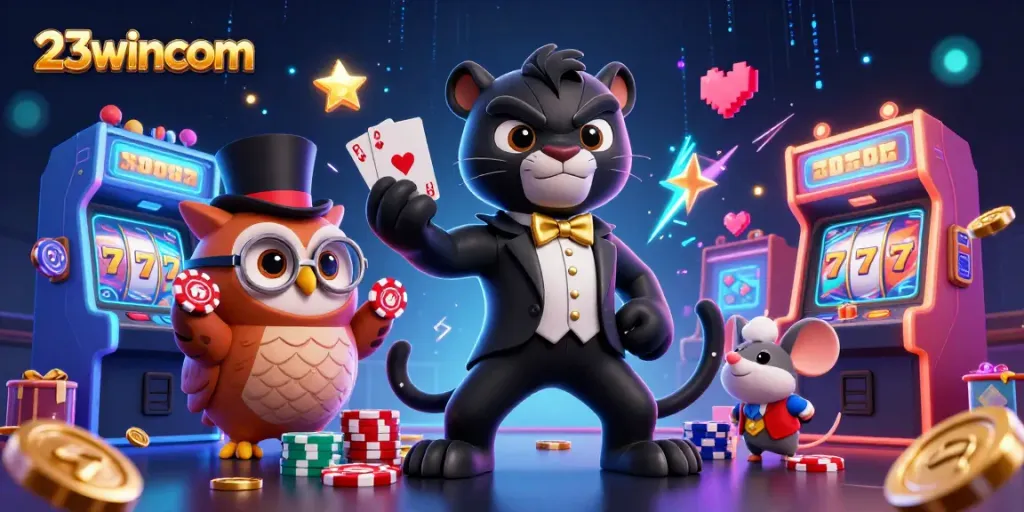 Engage with 23wincom's vibrant casino scene, featuring stylish characters and dynamic slot elements.