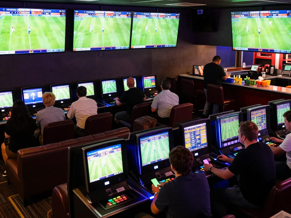 Engaging sports betting scene where bettors analyze odds and place nhận định bóng đá wagers amidst live match action