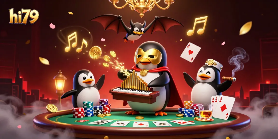 Engage in a thrilling poker showdown with hi79's magical casino scene featuring a phantom penguin and poker elements.