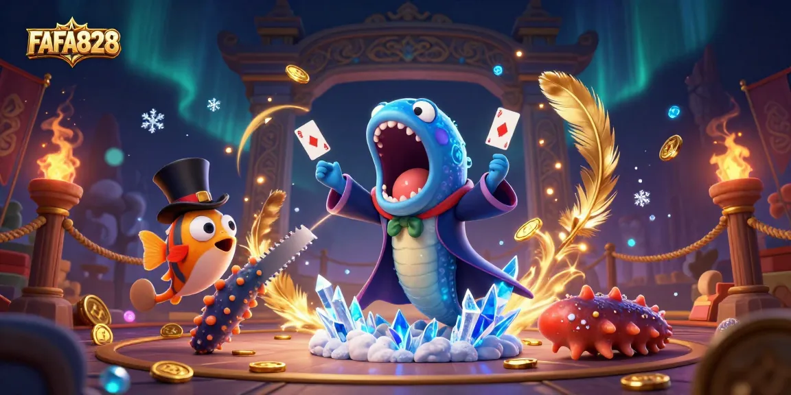 FAFA828 showcases a vibrant underwater casino scene with an eel magician captivating players.