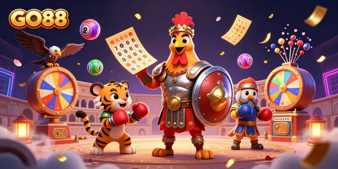 Experience thrilling gameplay with GO88 as colorful lottery elements surround gladiator-themed characters.