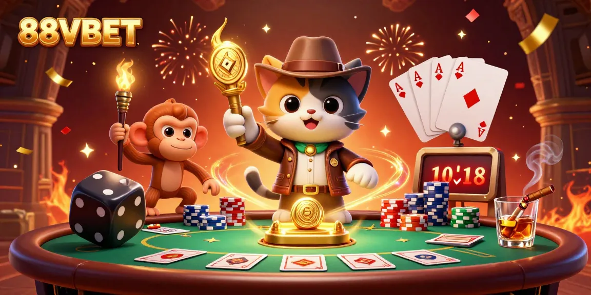 Explore the vibrant casino world of 88VBET in a rich, lively scene featuring poker elements and characters.