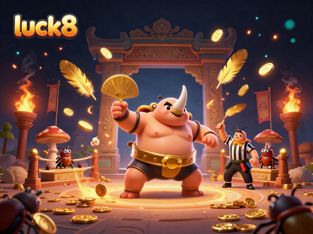 Engage with luck8 as the sumo champion beetle dominates a vibrant casino arena filled with gold coins.