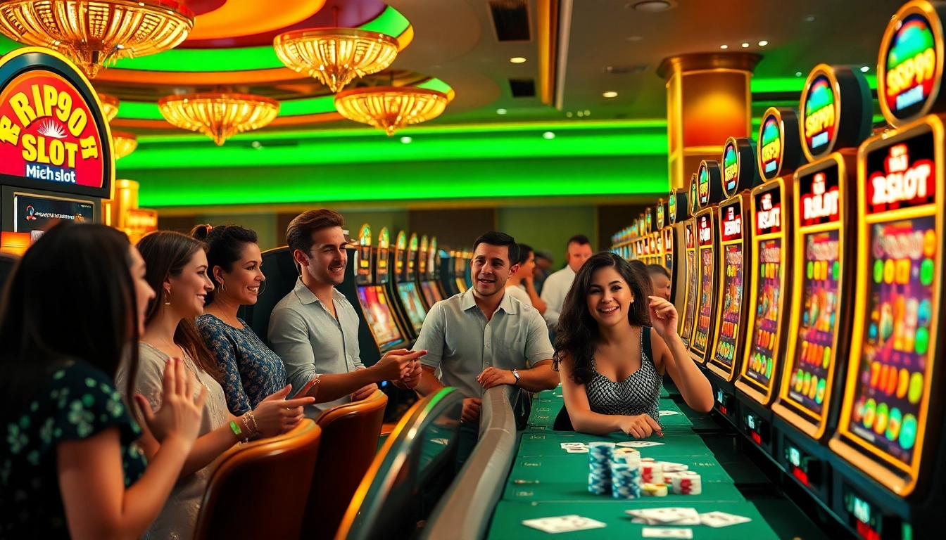Players enjoying the RR99 slot machines in a luxurious casino environment, filled with excitement.