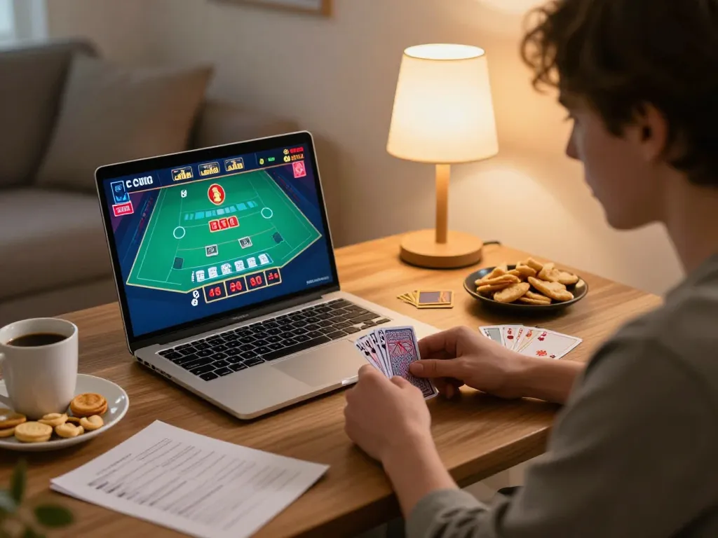 Player engaged in online blackjack gaming on laptop, incorporating sunwin strategies for better odds.