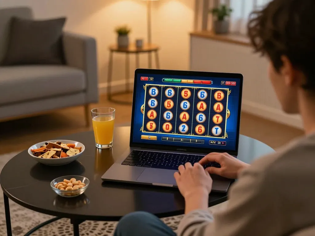 Pemain tenggelam dalam permainan slot toto yang mendebarkan di laptop, menunjukkan permainan online yang strategis.