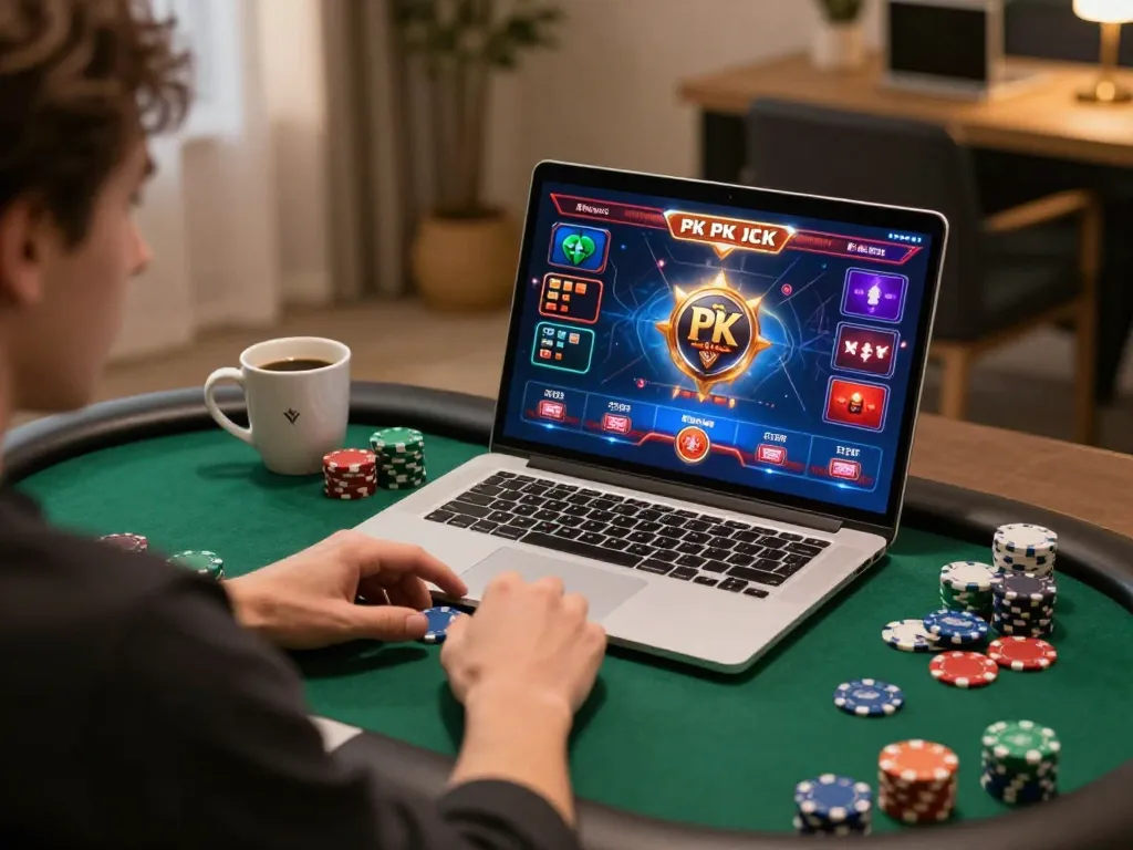 Player immersed in new pk luck casino poker gameplay on laptop, vibrant graphics highlighted.