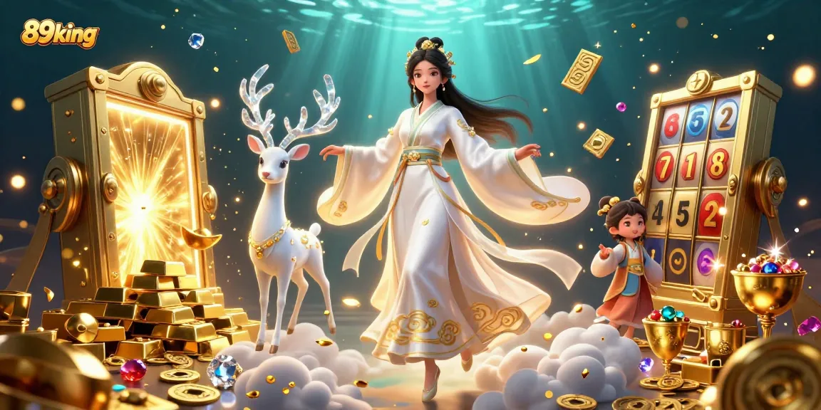 Experience the thrill of winning at 89king with a vibrant online casino illustration showcasing slot reels and treasures.