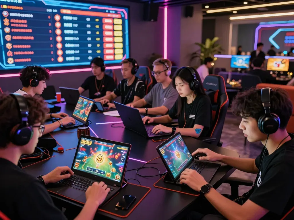 Dynamic scene of players enjoying the bomwin online gaming experience with devices and vibrant lighting.