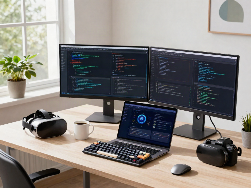 AI developer coding in a modern workspace, showcasing ia +18 technology.