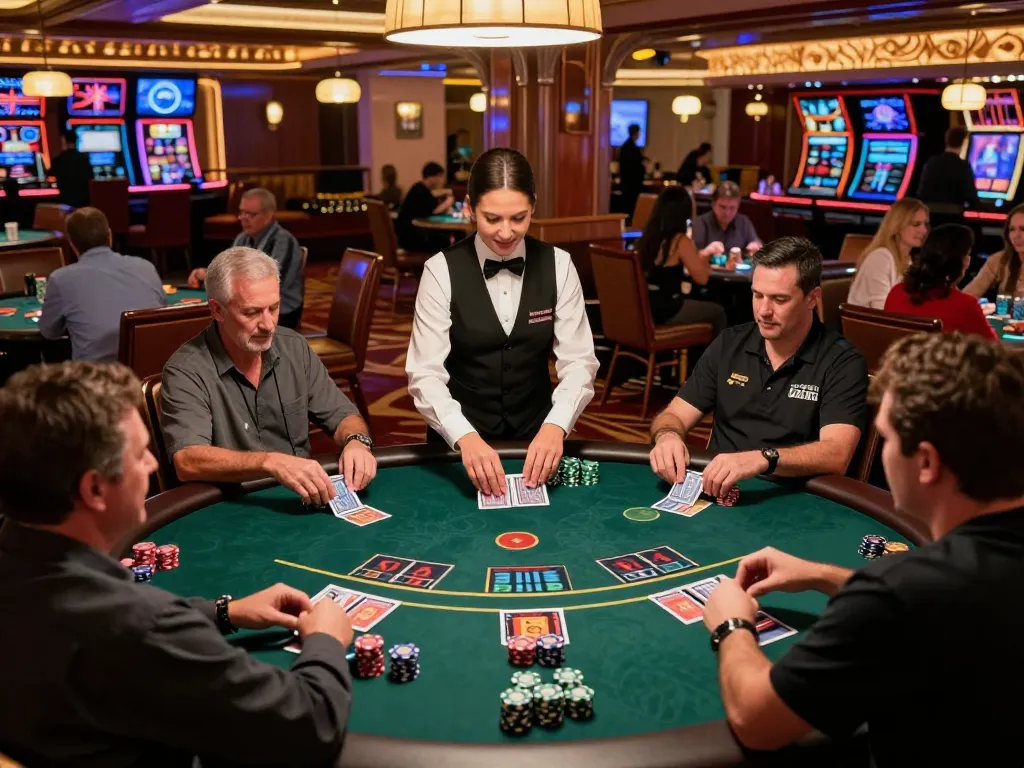 Hit club players strategizing at a lively blackjack table in an elegant casino setting.