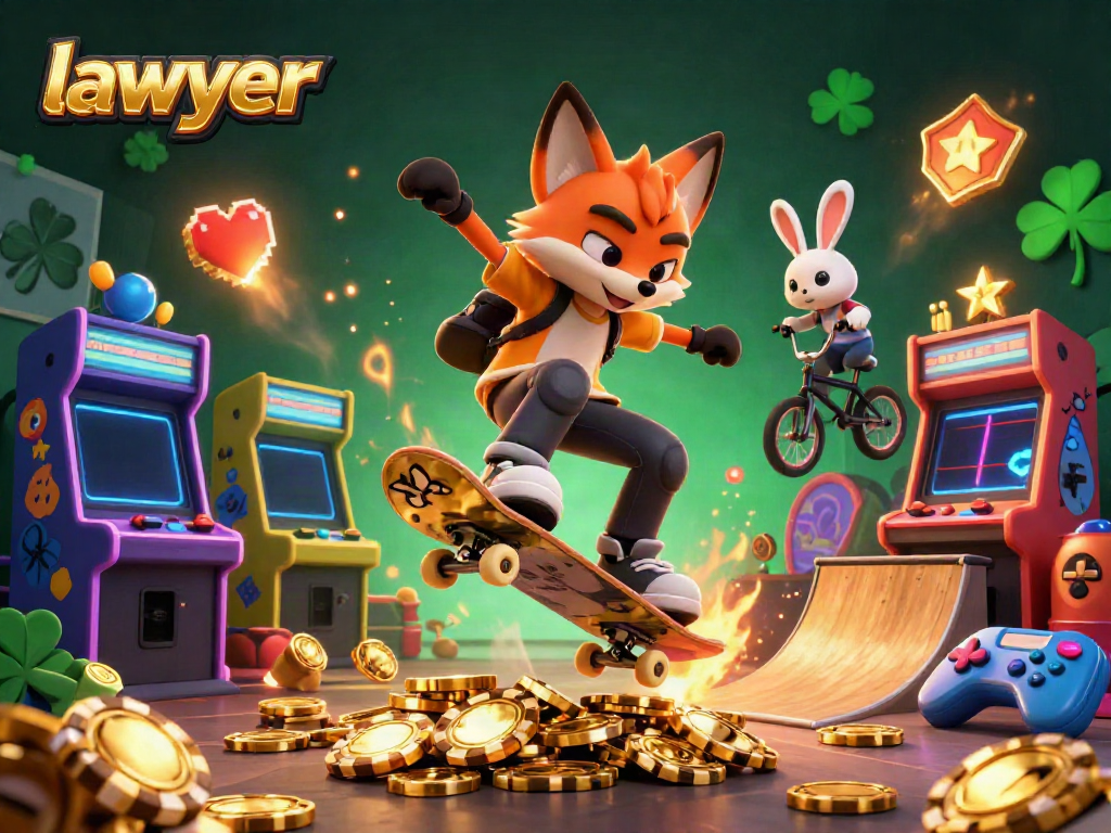 Dynamic scene featuring a lawyer-themed skateboarder fox and BMX rabbit amid casino elements.