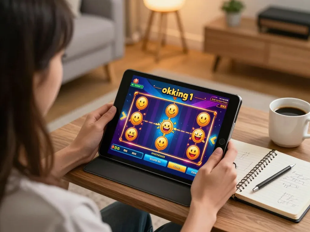 Engage with okking1 by playing exciting slots on a tablet in a cozy home setting.