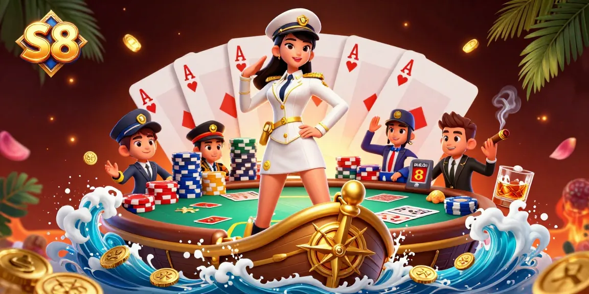 S8 poker game scene featuring an Asian woman in a naval uniform commanding a gold ship bow