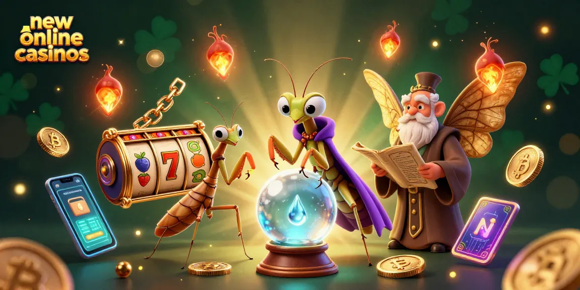 Play at new online casinos featuring 3D cartoon characters, slot reels, and vibrant cryptocurrency elements.