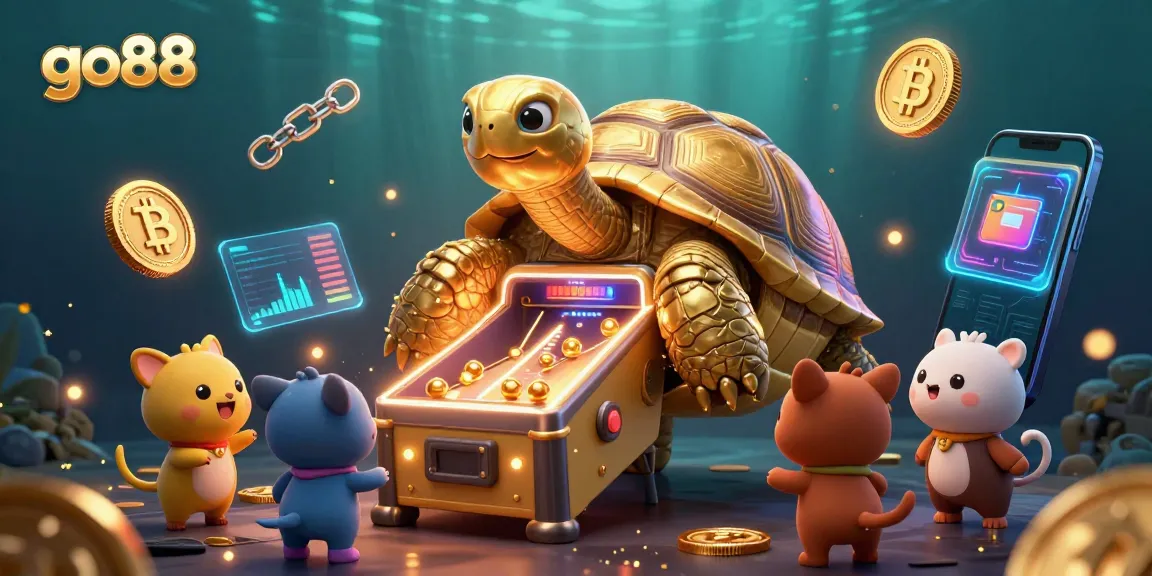 Engage in exciting gameplay with go88, featuring a golden tortoise pinball machine and crypto elements.