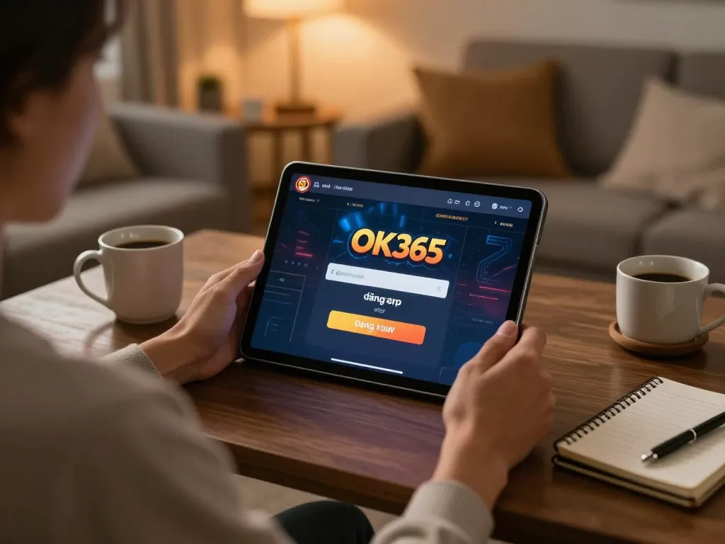 Engaging online casino gaming scene demonstrating OK365 đăng nhập on a tablet in a cozy home setting