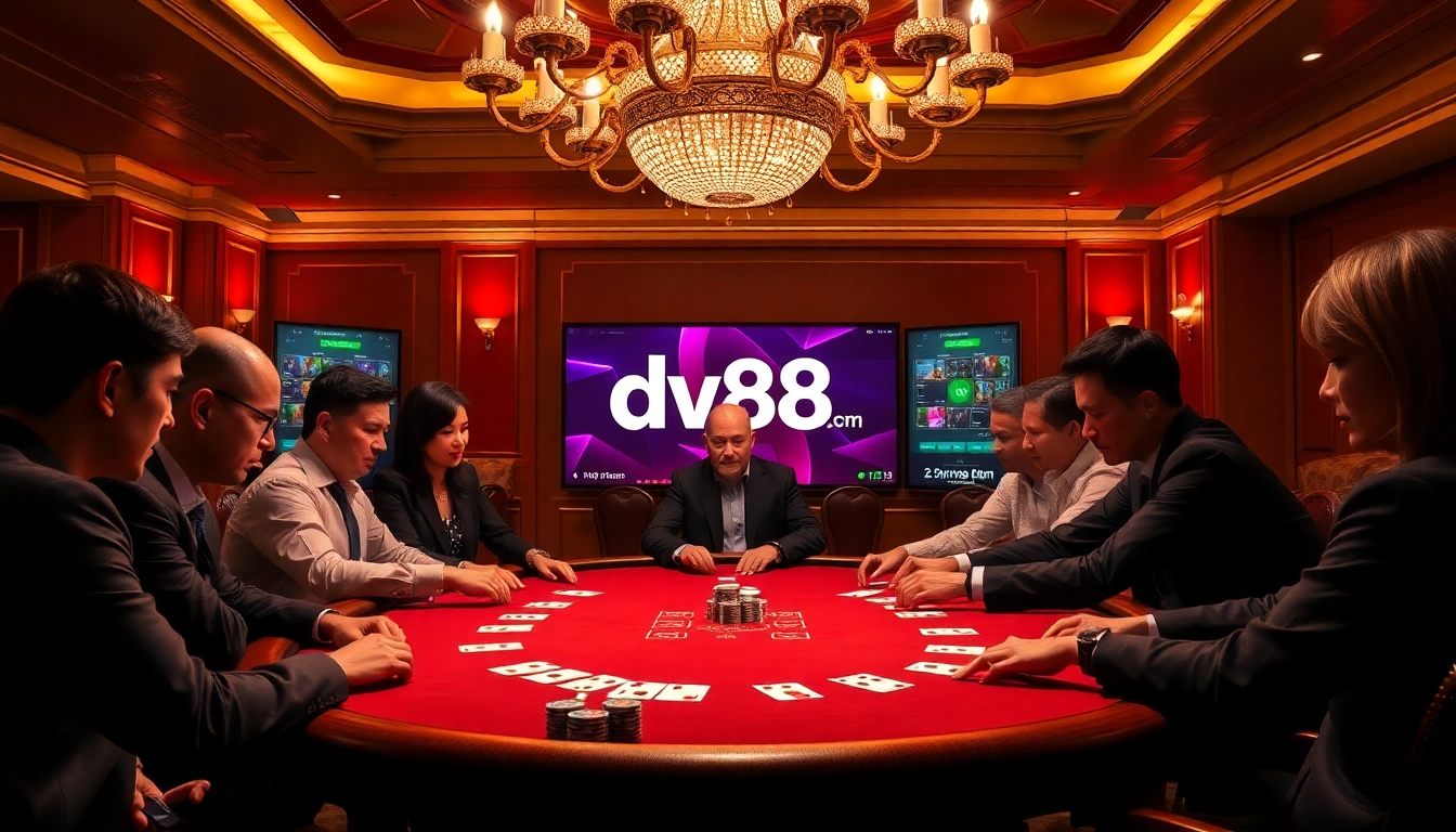 Experience the excitement of live poker at dv88.com, where players engage in thrilling games surrounded by elegance and luxury.