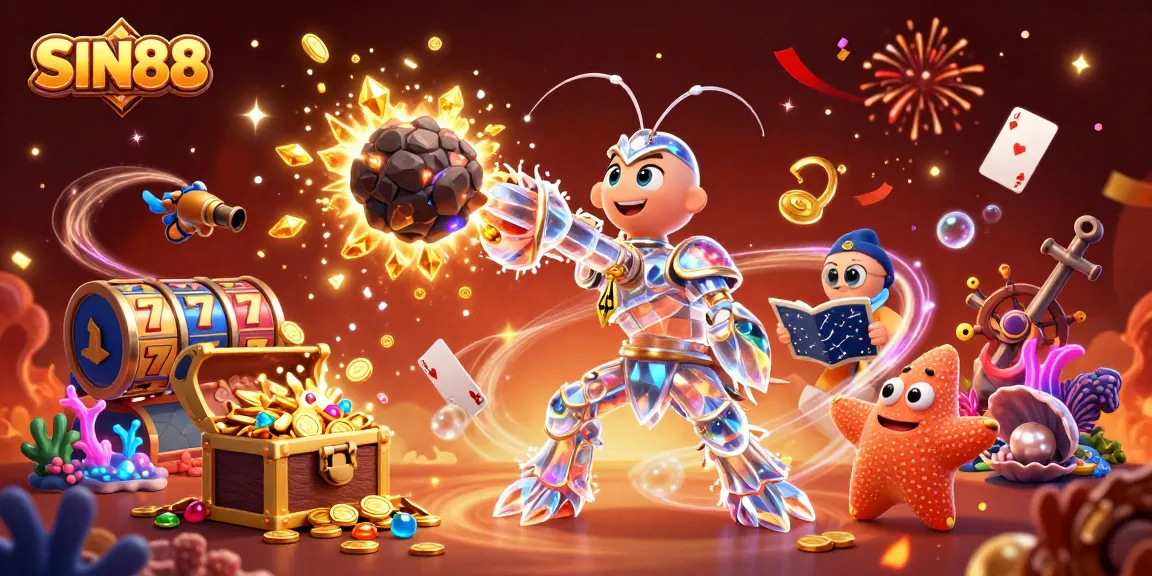SIN88 offers thrilling slot experiences, with vibrant 3D illustrations of samurai and treasure.