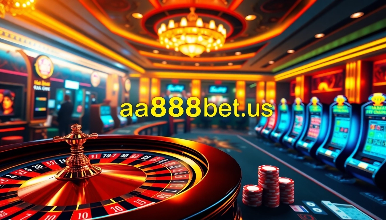 Experience thrilling online gambling at aa888bet.us with a luxurious casino scene featuring roulette and poker chips.