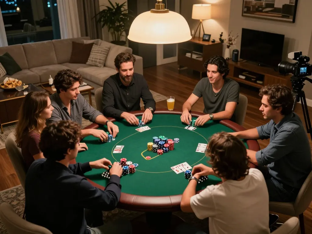 Friends enjoying an intense game at the 800 club poker night in a cozy home atmosphere