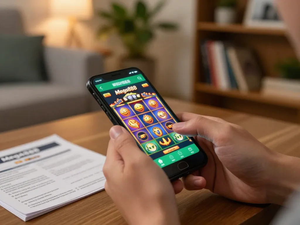 Player enjoying apk mega888 on smartphone in cozy living room with gaming strategy notes nearby