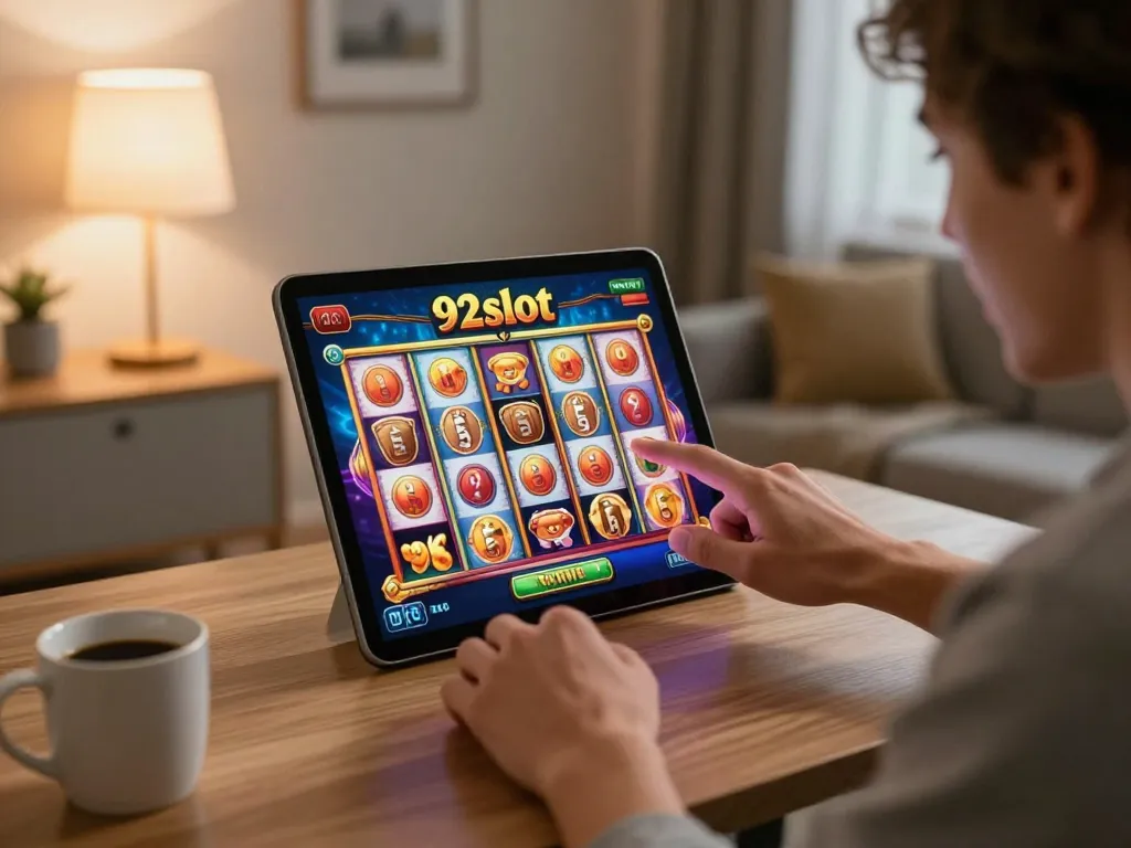 92slot user spinning vibrant slot reels on mobile app, enjoying an exciting gaming atmosphere.