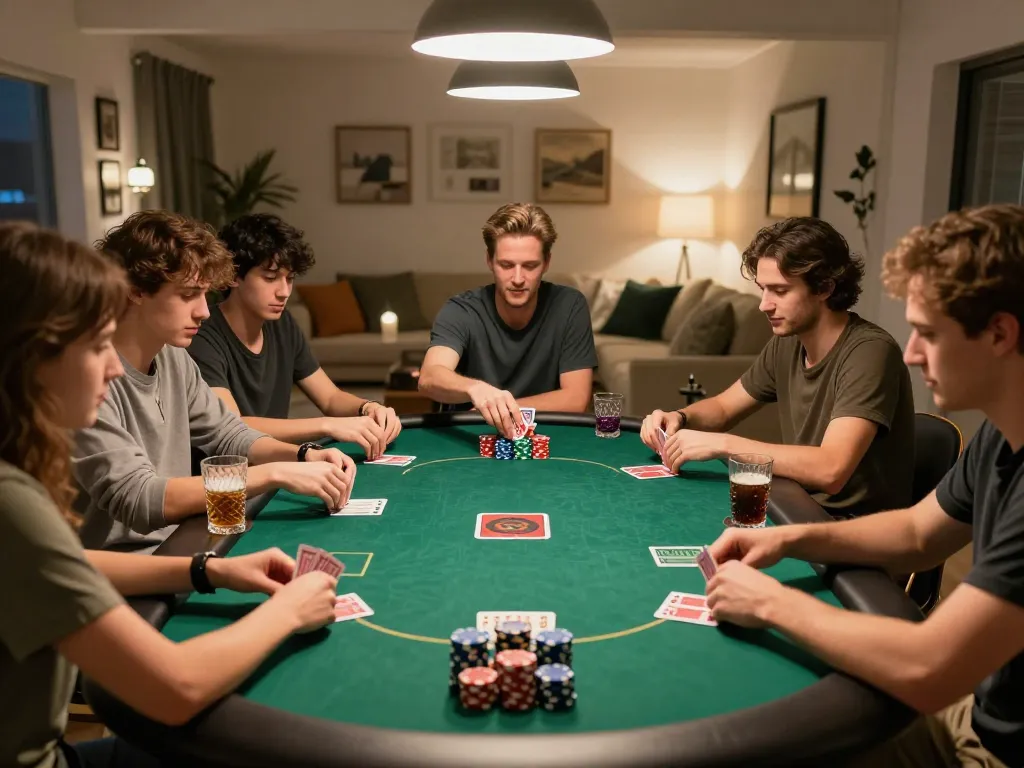 Friends enjoying a thrilling game of poker at home, playing 258bet with excitement around the table.