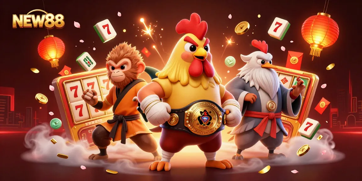 Engage in the excitement of NEW88 with vibrant casino elements and dynamic characters.