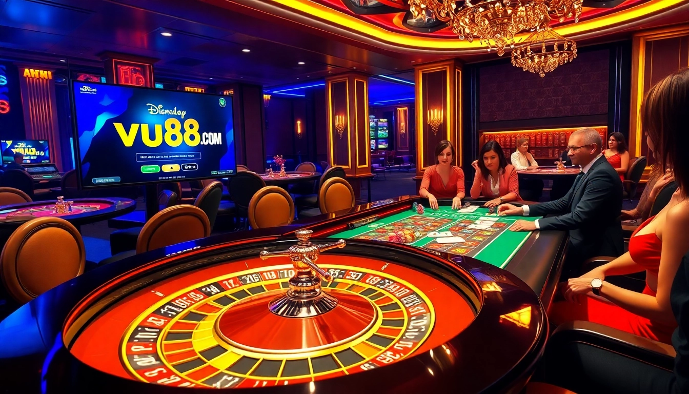 Experience the thrill of gambling at vu88.com with an engaging casino scene featuring roulette, players, and vibrant decor.