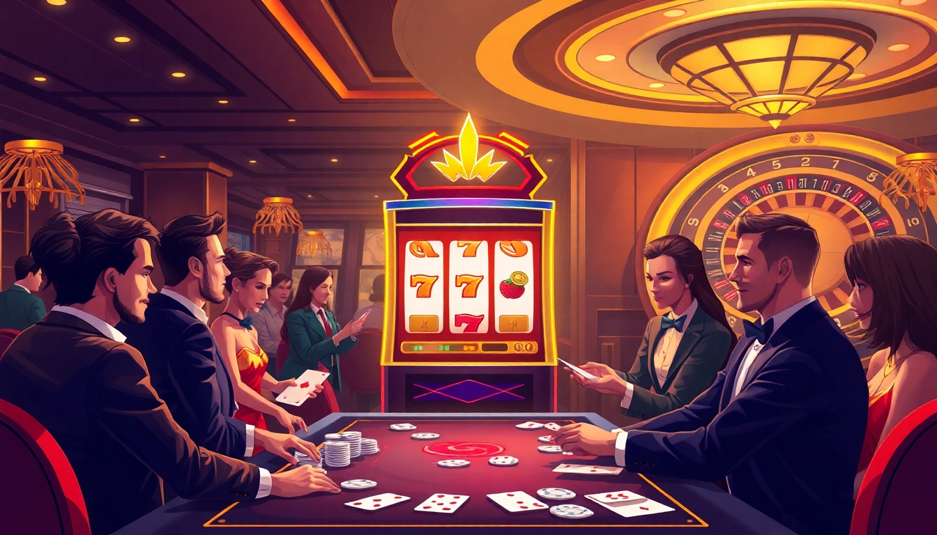 Players enjoy the thrill of winning at the qqalfa slot machine in a luxurious casino atmosphere.