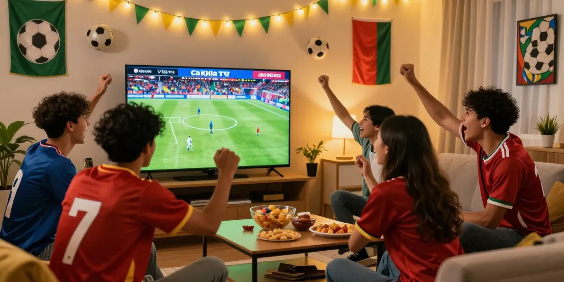 Enjoying a live football match on Ca Khia TV trực tiếp with friends in a vibrant living room filled with sports memorabilia.
