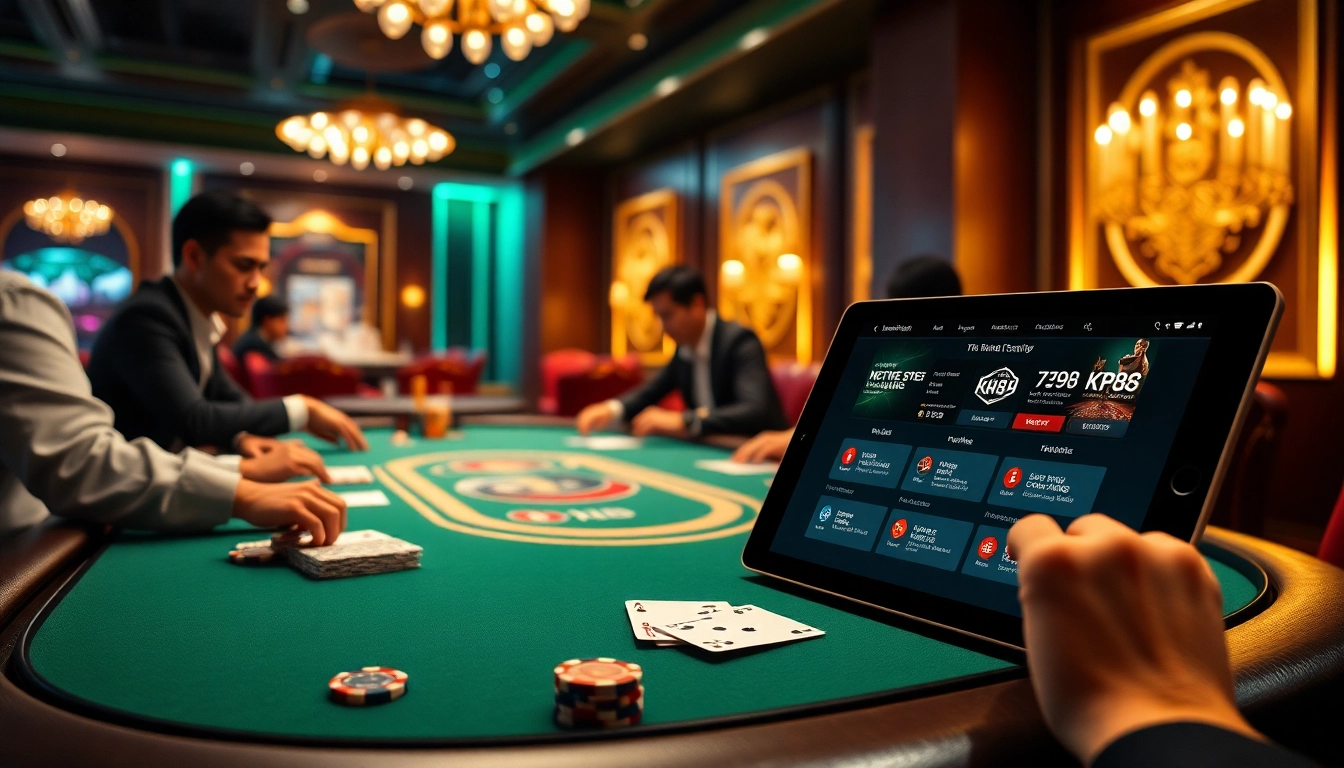 KP88 online poker players strategizing on an elegant poker table with vibrant chips and cards.
