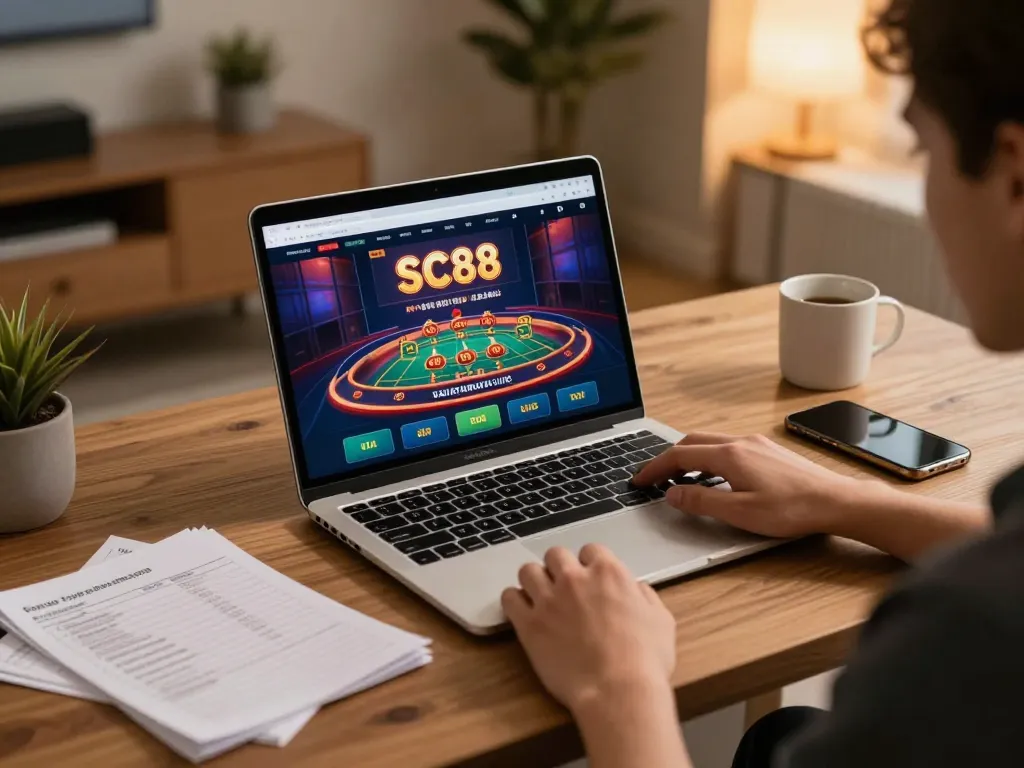 SC88 online gaming interface with personalized laptop setup for strategic betting.