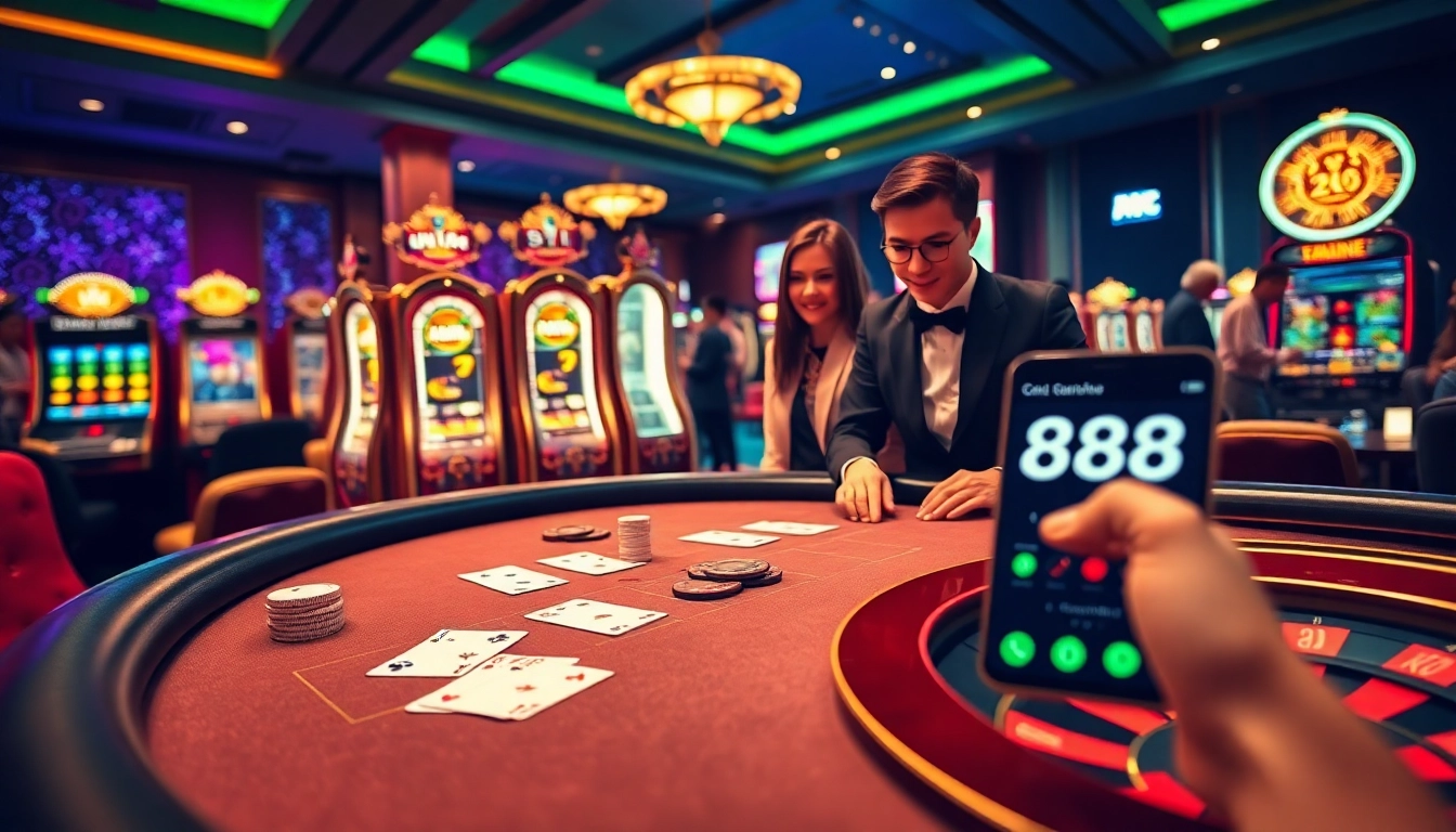 Engage in thrilling gameplay with the 888new tải app showcased in a luxurious casino backdrop.