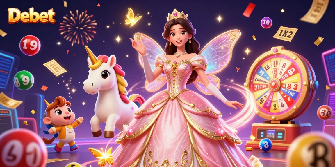 Win big with Debet as a glamorous princess and a golden unicorn celebrate in a vibrant casino atmosphere.