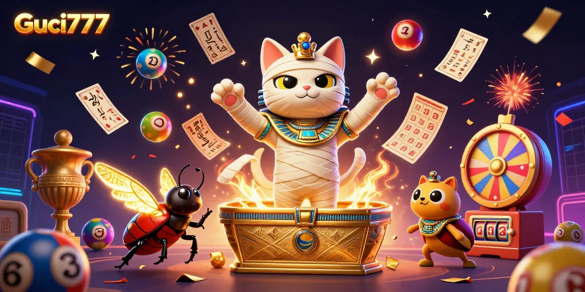 Guci777 menampilkan mumi kucing Mesir yang beraksi di casino, dikelilingi bola lotere berwarna.