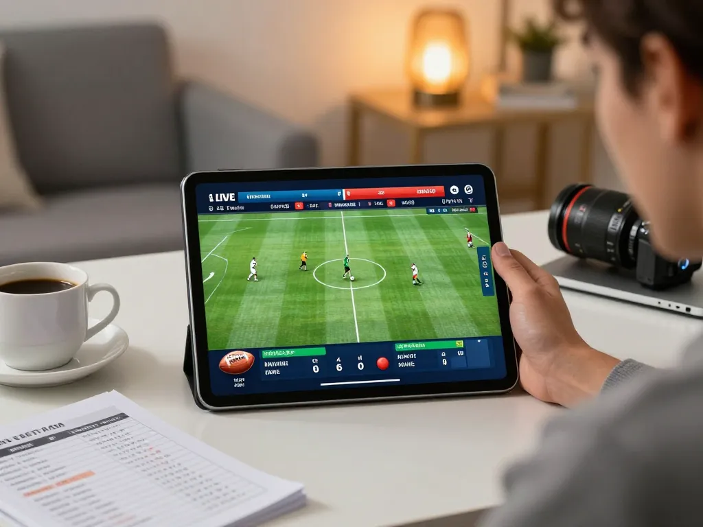 F8BET betting action on a tablet showcasing live sports scores in a modern home office.
