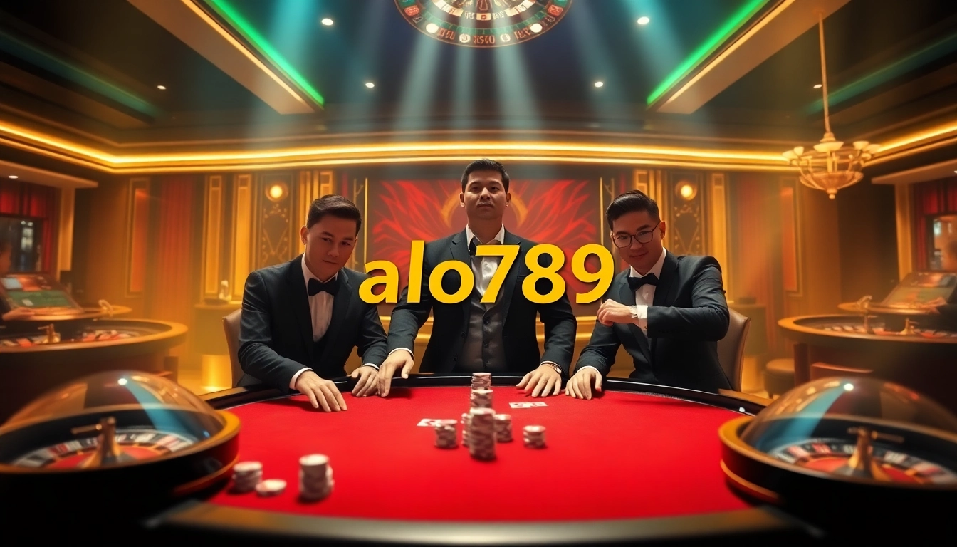 Action-packed casino scene with players at nhà cái alo789 poker table and vibrant gambling elements.