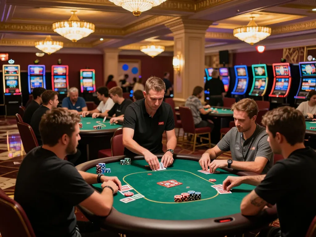 Engaged players strategizing at a poker table in an upscale casino setting with 789win 37 focus.