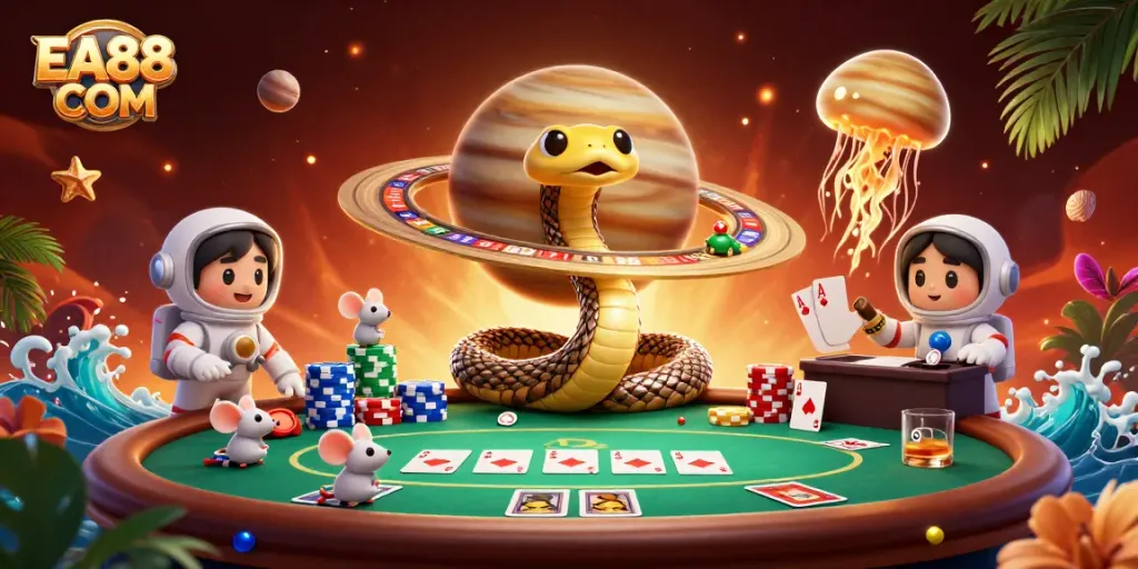 Experience thrilling gambling action at EA88 COM featuring cartoon characters and casino elements.
