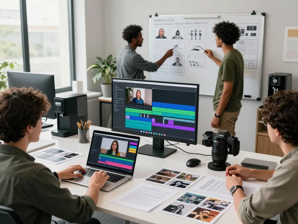 Seedance AI video production team collaborating on advanced video sequences in a modern office.