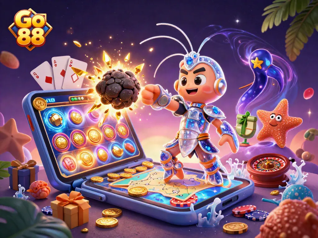Experience exhilarating gaming scenes featuring Go 88 with vibrant characters, slot games, and explosive gems.
