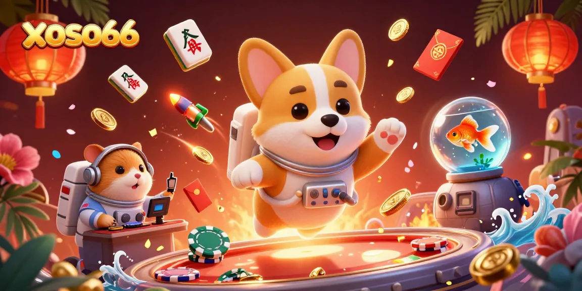 Experience slot action at xoso66 with a vibrant, animated casino scene featuring playful characters and dynamic gaming elements.
