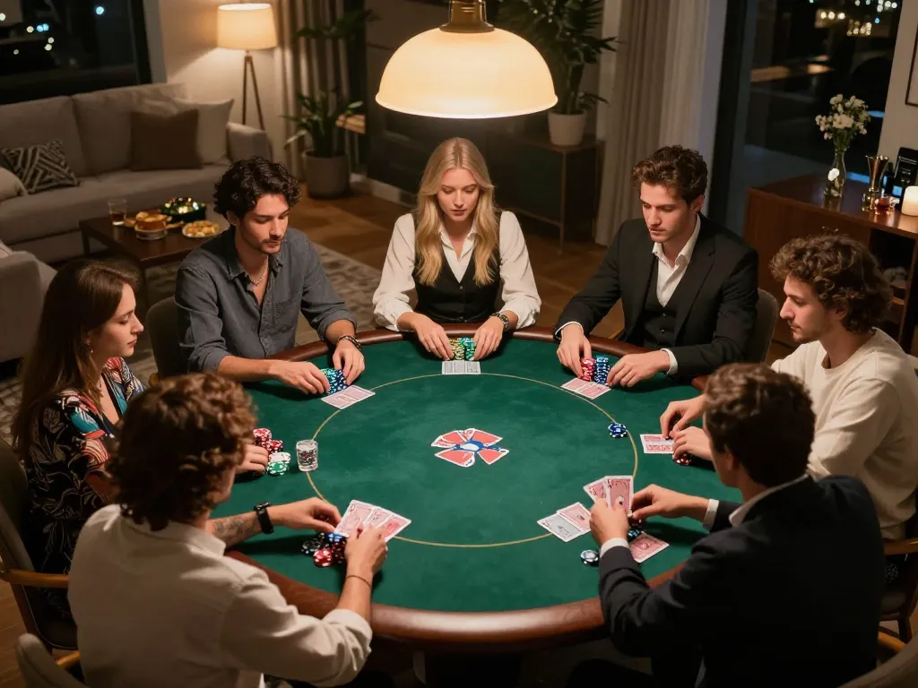 Players strategizing and placing bets in a cozy home poker night featuring pg88 insights.