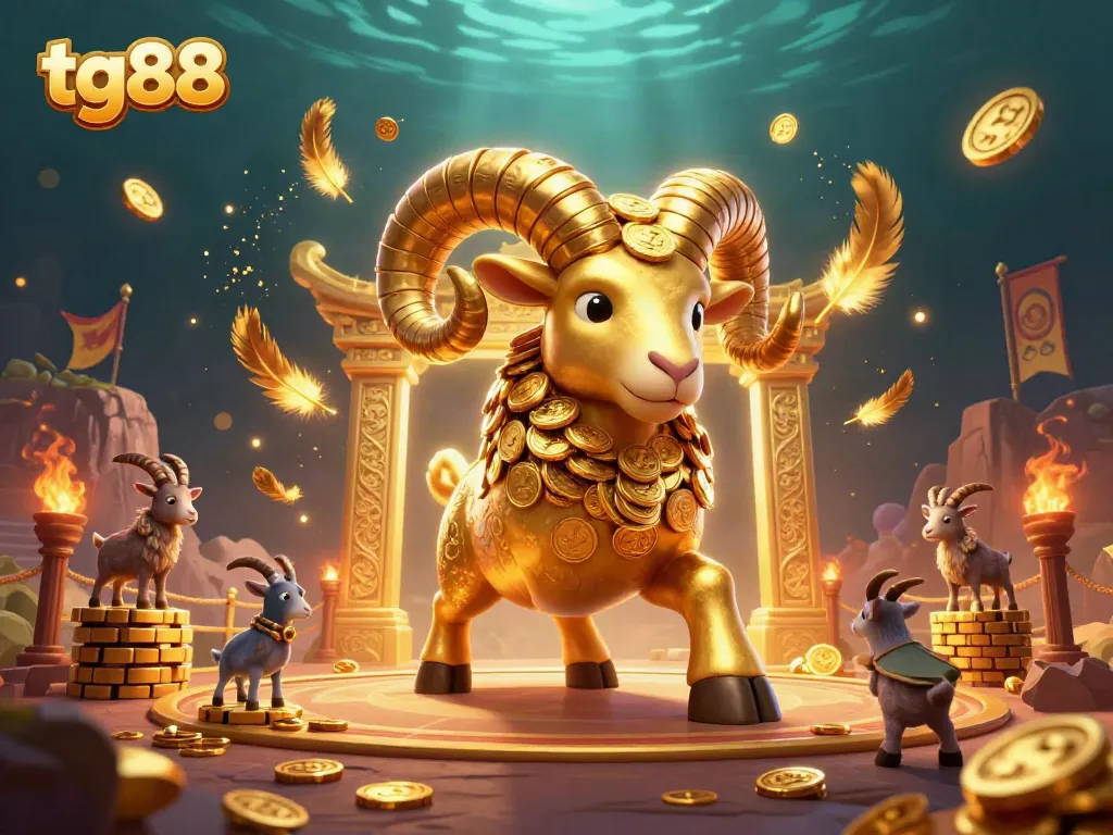 Experience the thrill of tg88 with a dynamic 3D illustration featuring an epic golden ram charging toward a golden gate amidst swirling golden feathers and betting tokens.